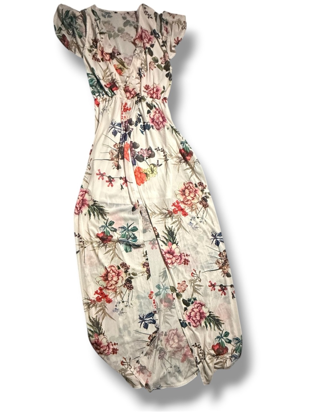 Boho Floral Maxi Overlay Dress Flutter Sleeve High Low White Romper Underlay GUC